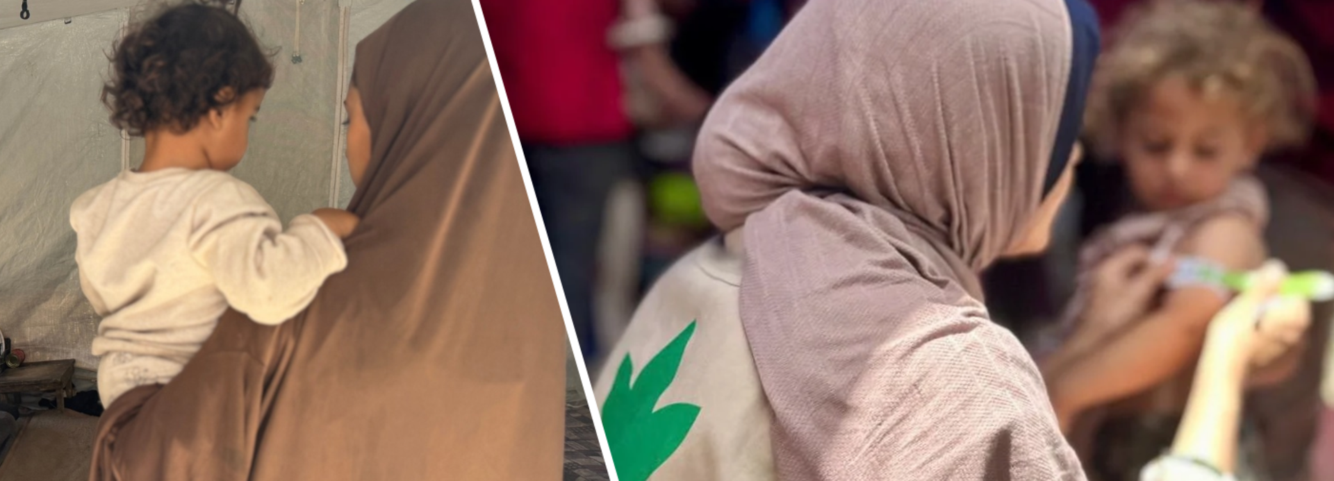 Links eine Mutter mit ihrem Kind auf dem Arm in einem Zelt in Gaza, rechts untersucht eine Mitarbeiterin ein Kind mithilfe eines MUAC-Bandes