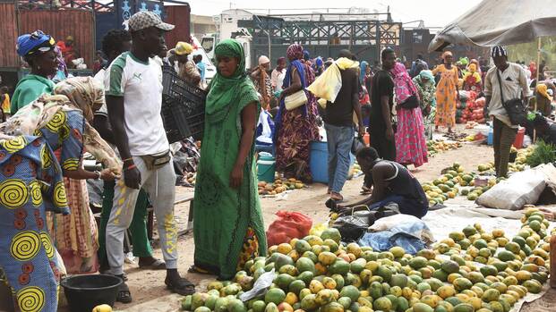 Ein Markt im Senegal, im Vordergrund Früchte, viele Menschen sind anwesend.