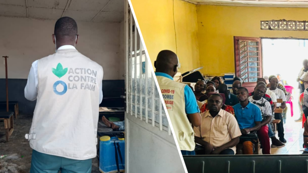 Collage, links: Ein Mitarbeiter von Aktion gegen den Hunger betritt ein Gesundheitszentrum in Kwamouth. Rechts: Eine Gruppe Menschen sitzt in einer Schulung zur Erkennung von Cholera.